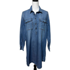 Lucky Brand Shirt Dress Medium Blue Denim Chambray Pullover Pockets Long Sleeve